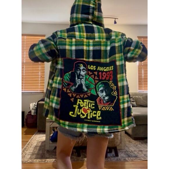TUPAC Poetic Justice Upcycled Plaid Flannel Shacket 90s Rap Retro Vintage Sz M - Picture 1 of 9